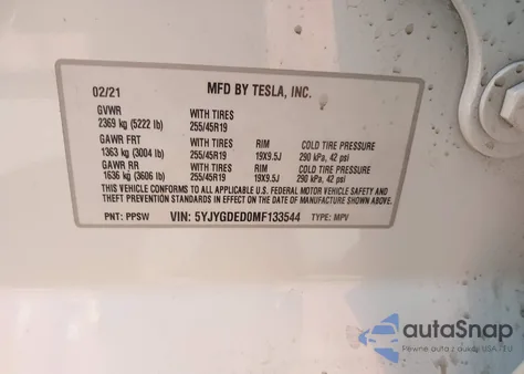2021 Tesla Model Y Standard Range Rear-Wheel Drive from USA, damaged, VIN 5YJYGDED0MF133544